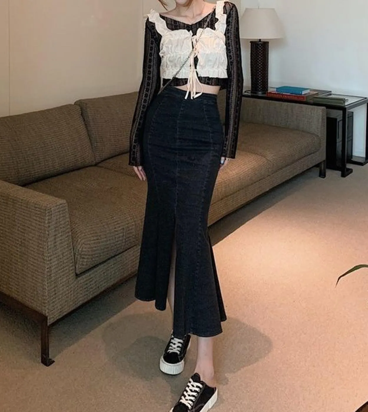 Gonna a sirena in denim nero vintage da donna a vita alta gonne lunghe con spacco sottile moda elegante streetwear causale