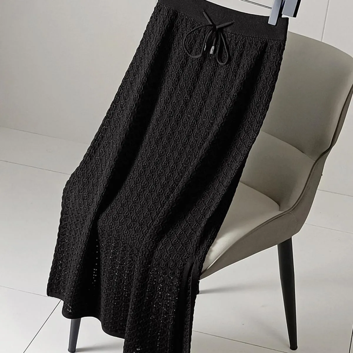 Gonna lunga lavorata a maglia elastica scolpita da donna con fodera Gonne a tubino drappeggiate a vita alta con coulisse Autunno